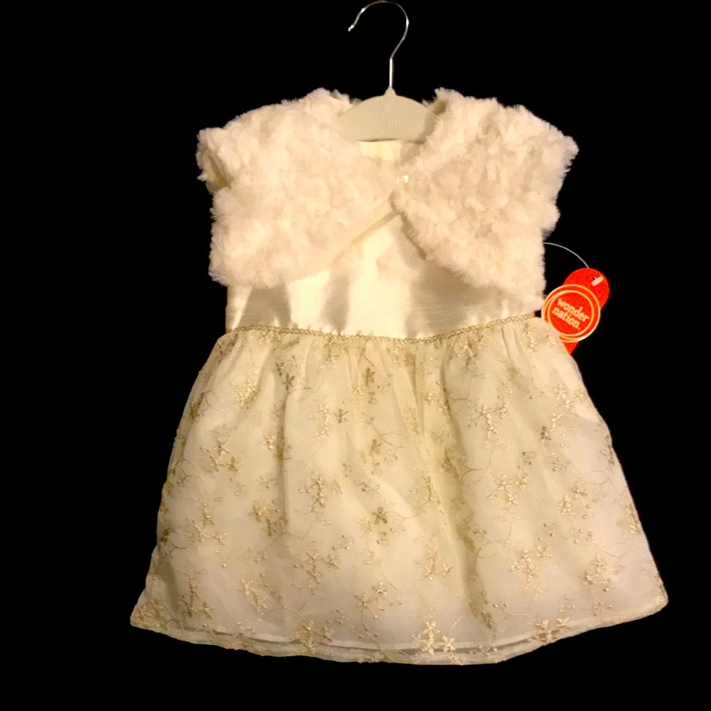 100% polyester dress w/embroidery & lining including a faux fur vest!